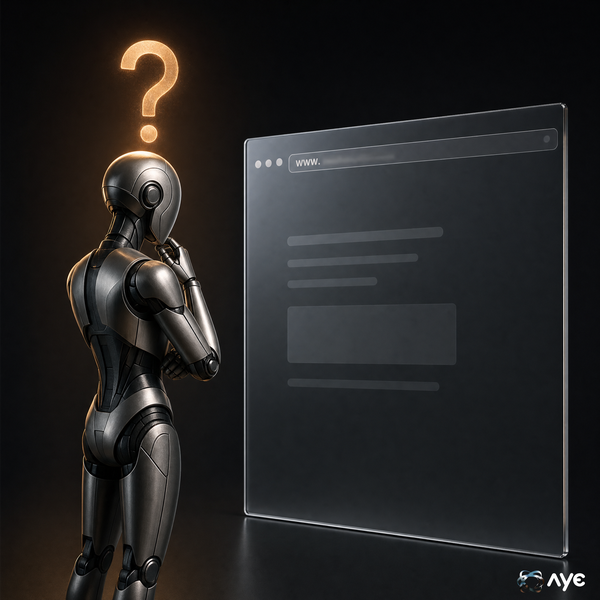 KI-Avatar steht verwirrt vor einer Webseite – symbolisiert, dass KI nicht versteht, wer du bist